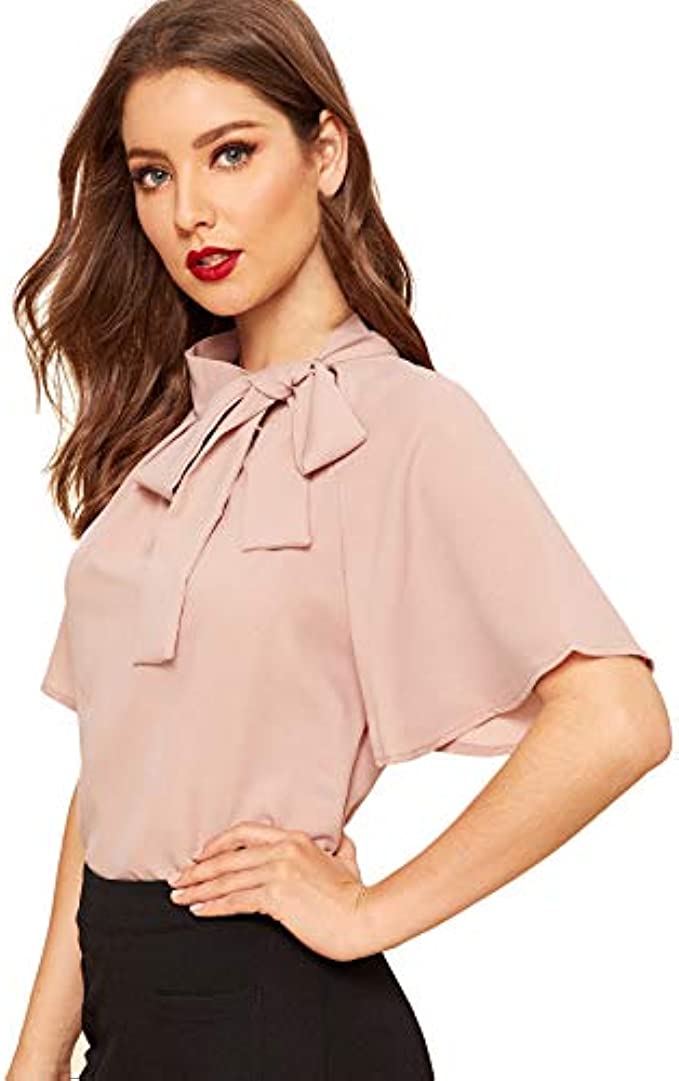 SheIn Women’s Casual Side Bow Tie Neck Short Sleeve Blouse Shirt Top
