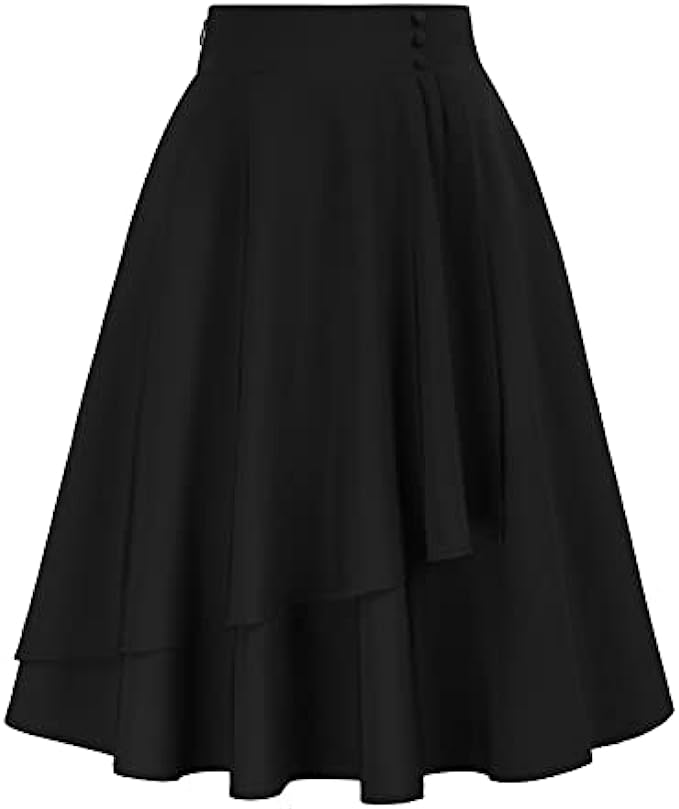 Belle Poque Wome’s Vintage Ruffle Midi Skirts Elastic High Waisted Flowy A-Line Wrap Skirt with Pockets&amp;Buttons