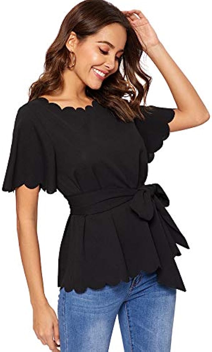 Romwe Women’s Bow Self Tie Scalloped Cut Out Short Sleeve Elegant Office Work Tunic Blouse Top
