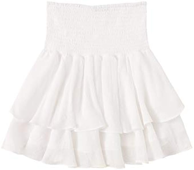 SheIn Women’s Solid Shirred High Waist Layered Ruffle Hem Flared Mini Skirt