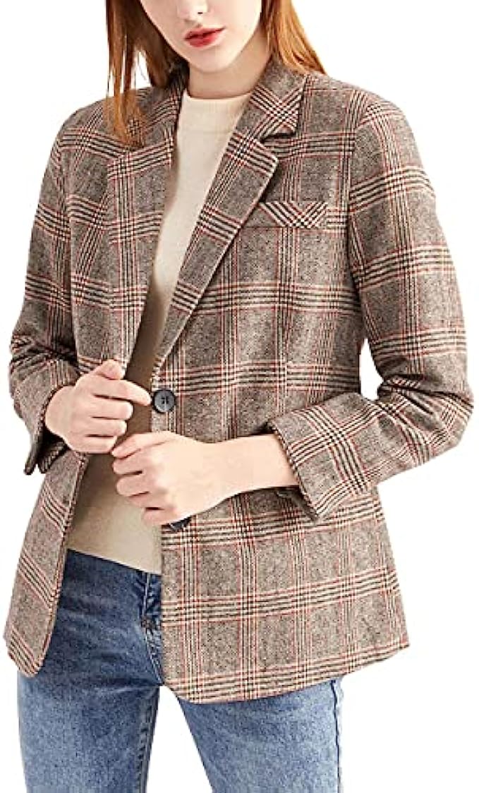 ebossy Women’s Notch Lapel 2 Button Boyfriend Blazer Suit Houndstooth Plaid Jacket Coat