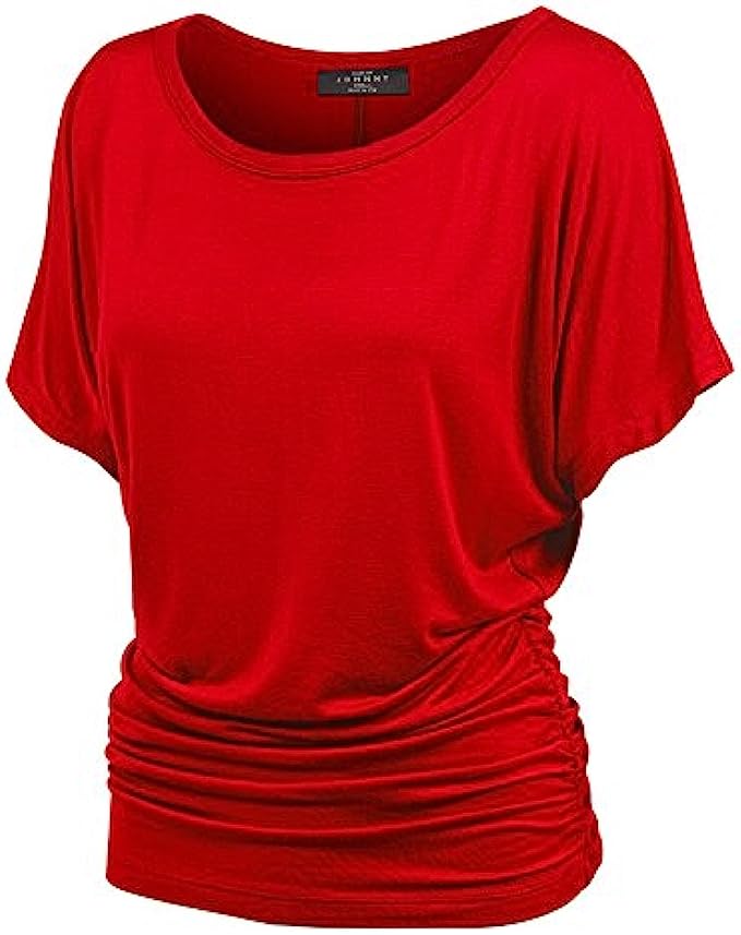 Made By Johnny Women’s Solid Short Sleeve Boat Neck V Neck Dolman Top with Side Shirring