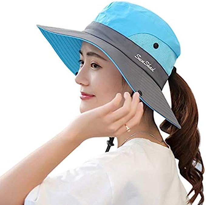 KPWIN Sun Hats for Women, Women’s Ponytail Bucket Hat Outdoor UV Protection Foldable Mesh Wide Brim Beach Fishing Hat