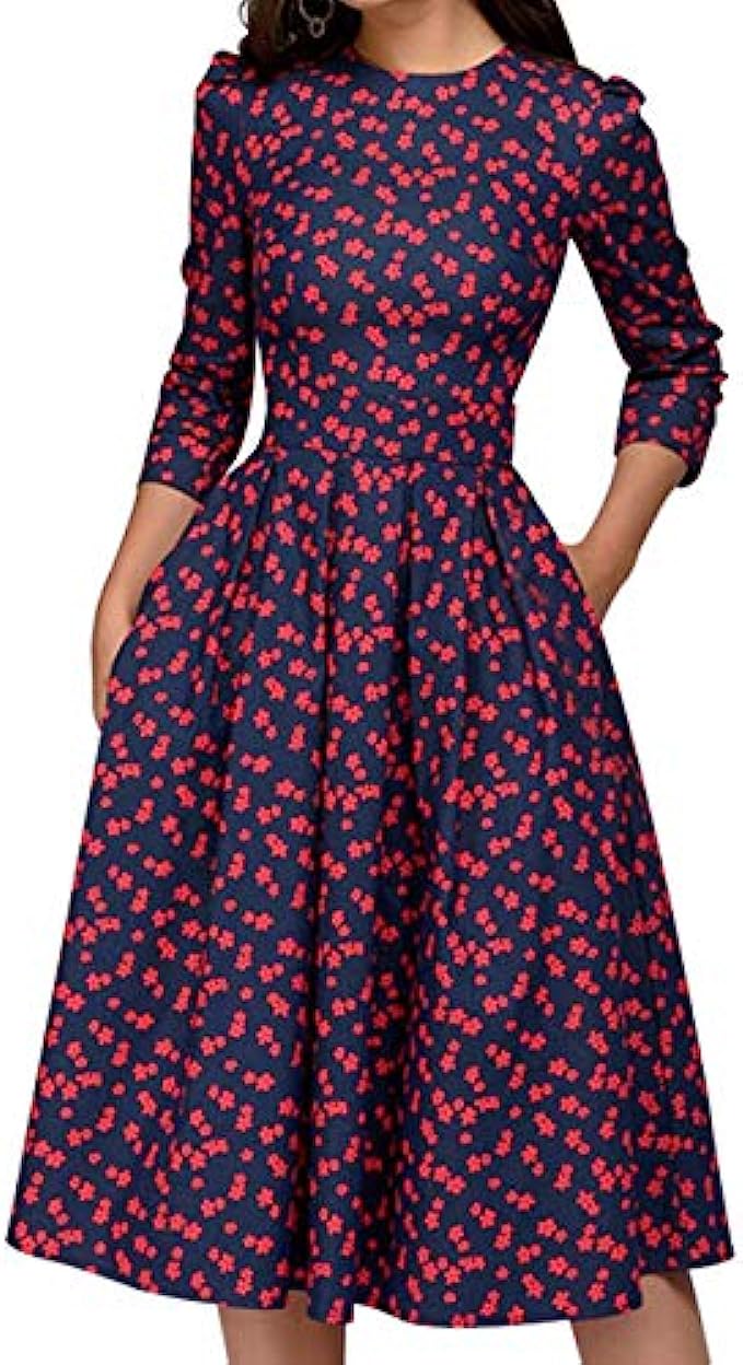 Simple Flavor Women’s Floral Vintage Dress Elegant Midi Evening Dress 3/4 Sleeves