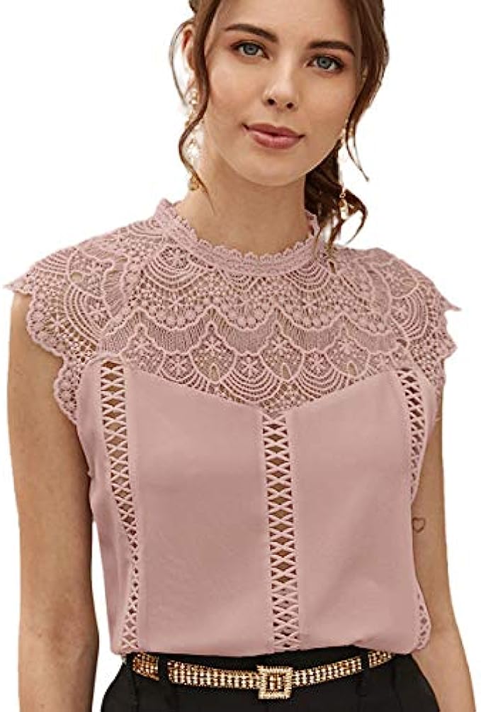 SheIn Women’s Elegant Cap Sleeve Keyhole Contrast Lace Blouses Tops