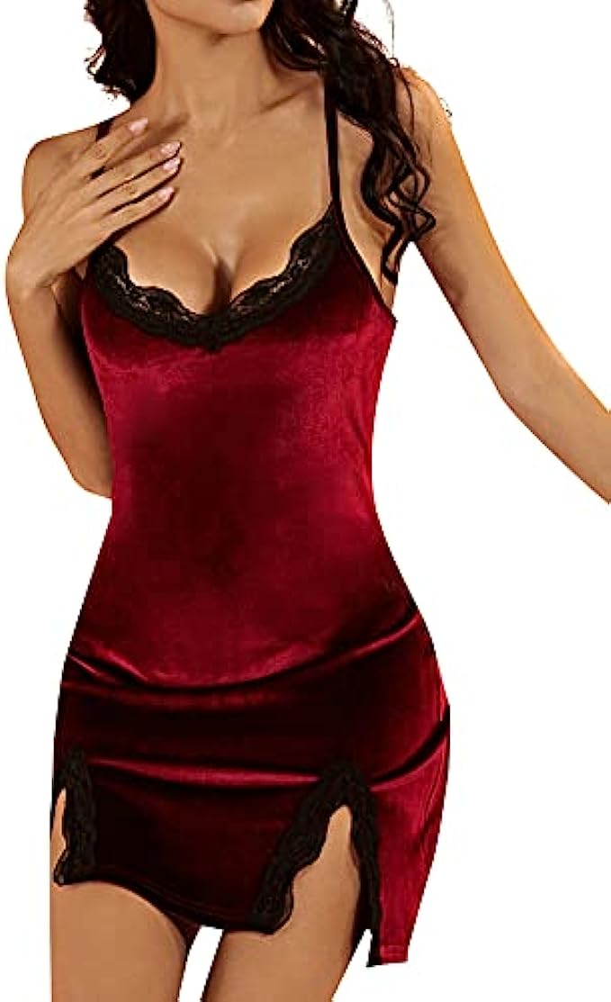 LYANER Women’s Contrast Lace Split Hem Sleeveless Velvet Chemise Nightgown Nightdress Sleepwear