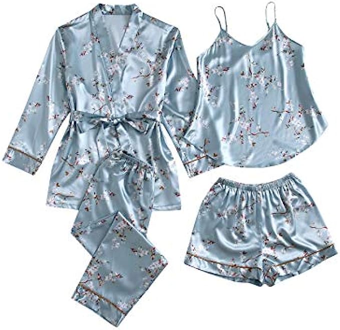 SheIn Women’s 4 Piece Floral Cami Top and Shorts Pants Satin Pajama Set with Belted Robe