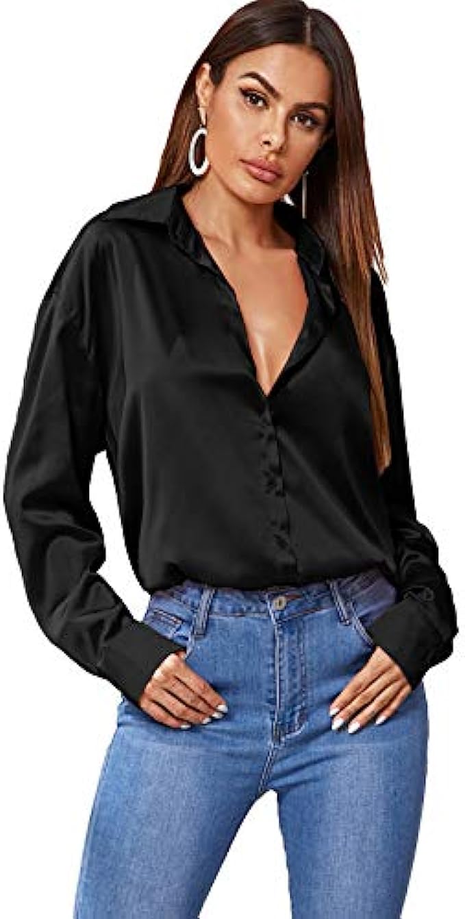SOLY HUX Women’s Satin Silk Long Sleeve Button Down Shirt Formal Work Blouse Top