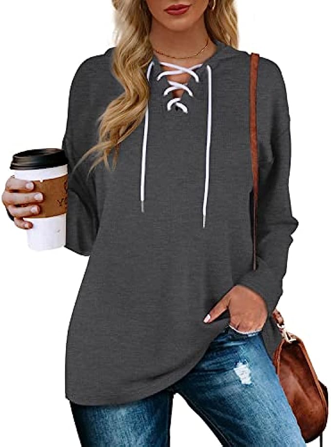 Aloodor Women’s Hoodies Pullover Long Sleeve Sweatshirts Drawstring Loose Casual Fall Clothing S-2XL