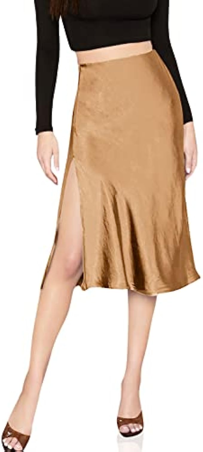 SheIn Women’s Party Sexy Satin Split Side Basic Zipper Mid Waist Midi Skirt