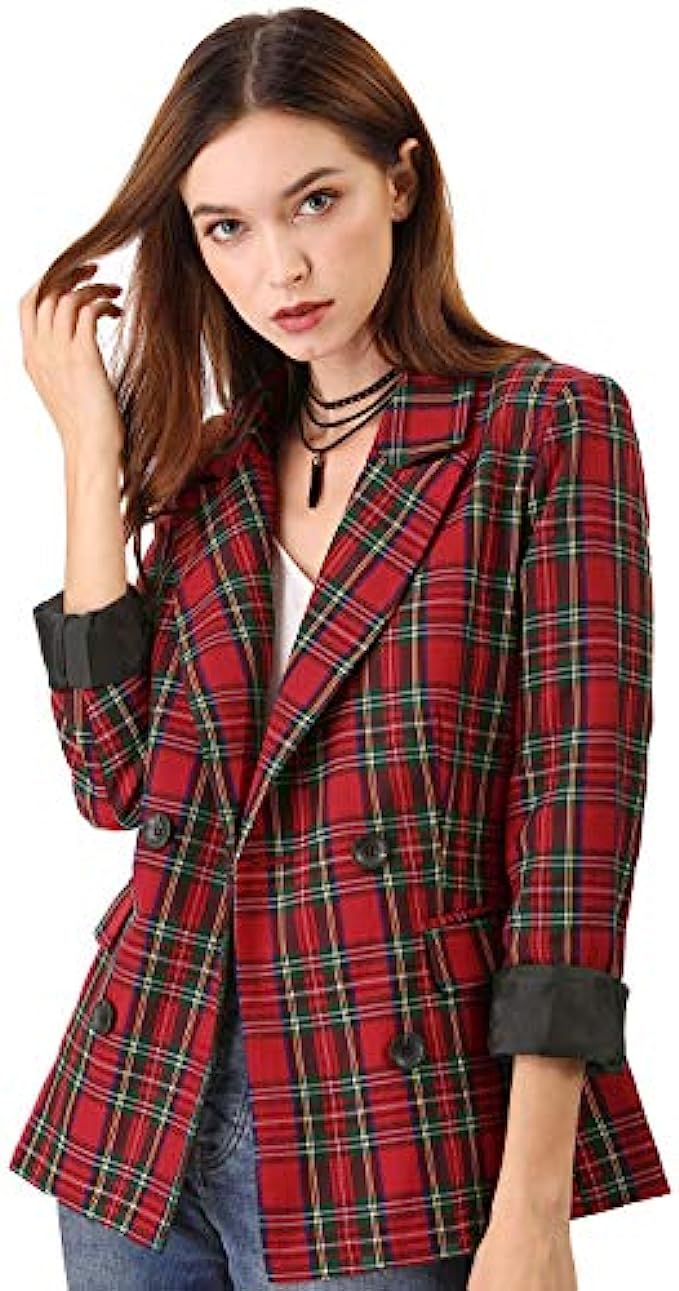 Allegra K Women’s Notched Lapel Double Breasted Plaid Work Formal Blazer Jacket