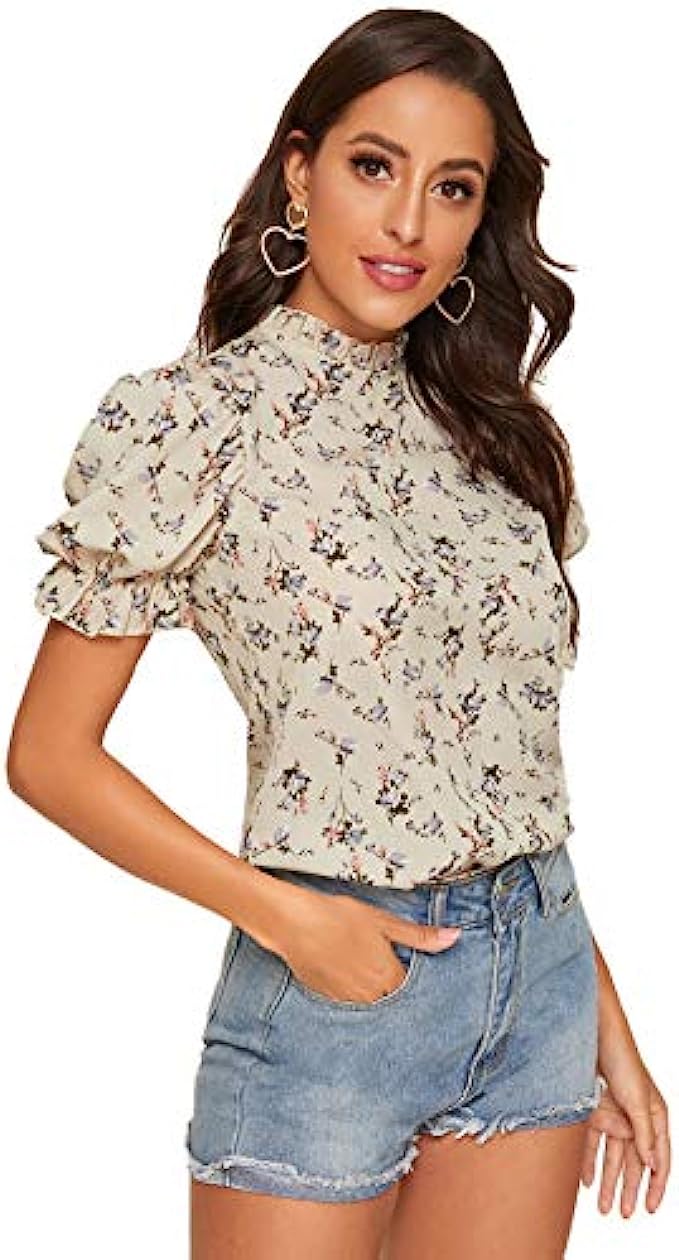 Romwe Women’s Floral Print Ruffle Puff Short Sleeve Casual Blouse Tops