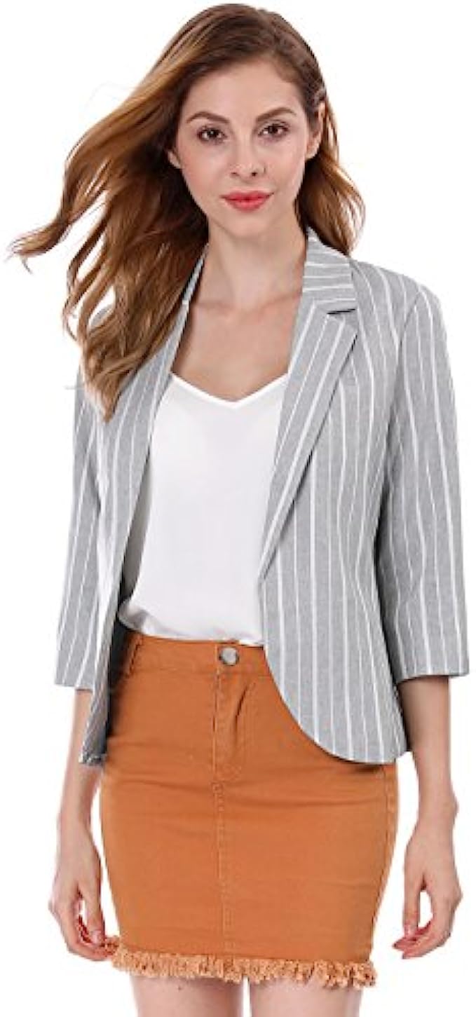 Allegra K Women’s Striped 3/4 Sleeves Open Front Notched Lapel Blazer