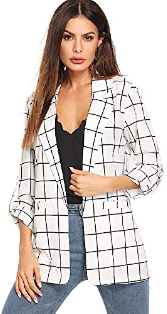 Milumia Women’s Open Front Blazer Casual Lightweight Plaid Roll Up Sleeve Jacket Shirt
