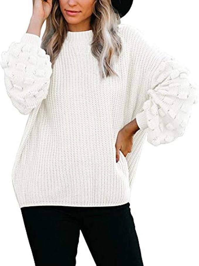 Sovoyontee Women’s Cute Oversized Crewneck Loose Puff Sleeves Chunky Knit Pullover Sweater