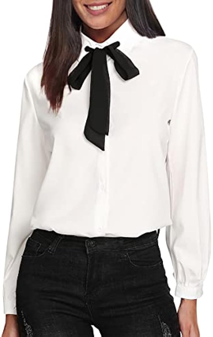 SheIn Women’s Bow Tie Neck Ruffle Long Sleeve Chiffon Shirt Blouse Top