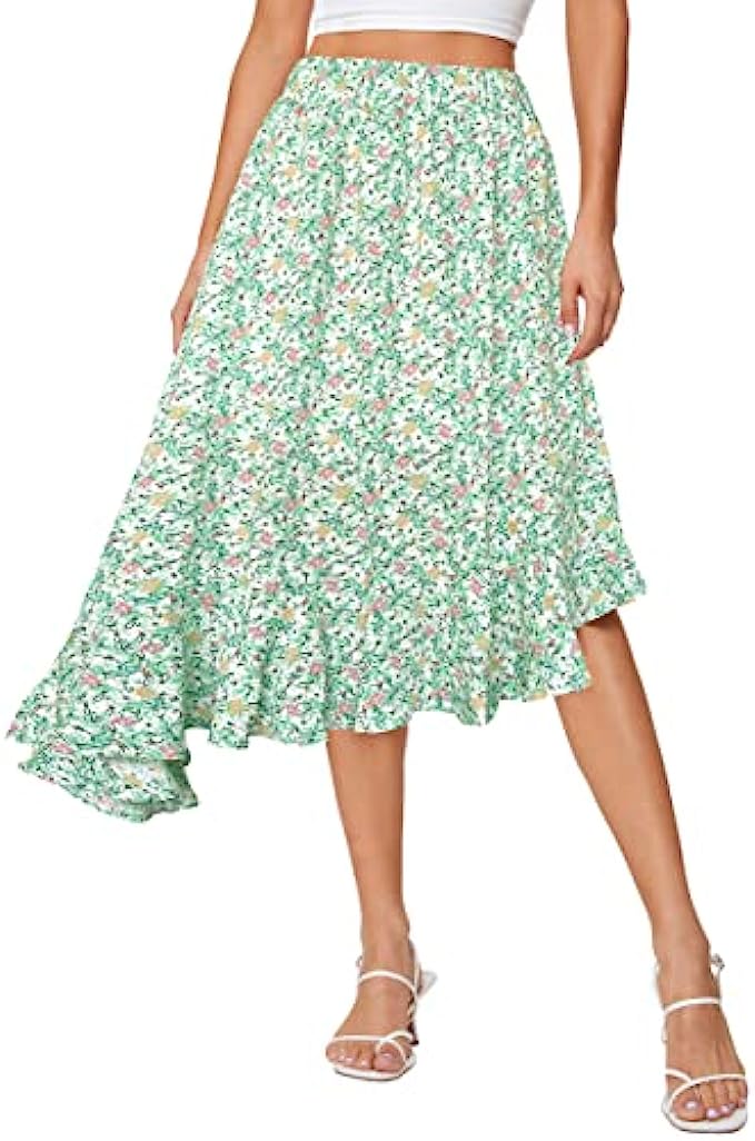 Afibi Women’s Boho Floral High Waisted High Low Asymmetric Hem Midi Long Skirt