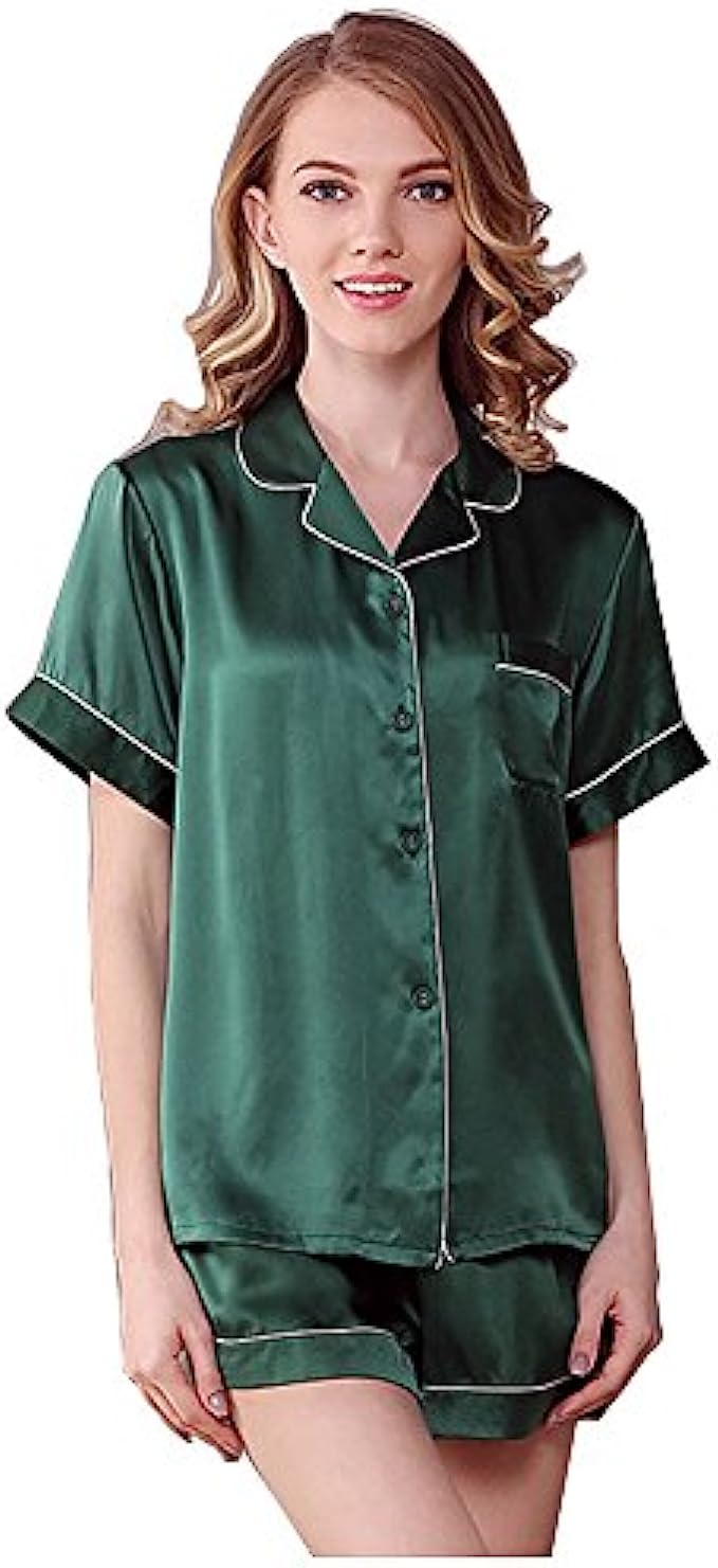 NANJUN Women’s Silky Satin Pajamas Sleepwear Short and Long Button-Down Pj Set