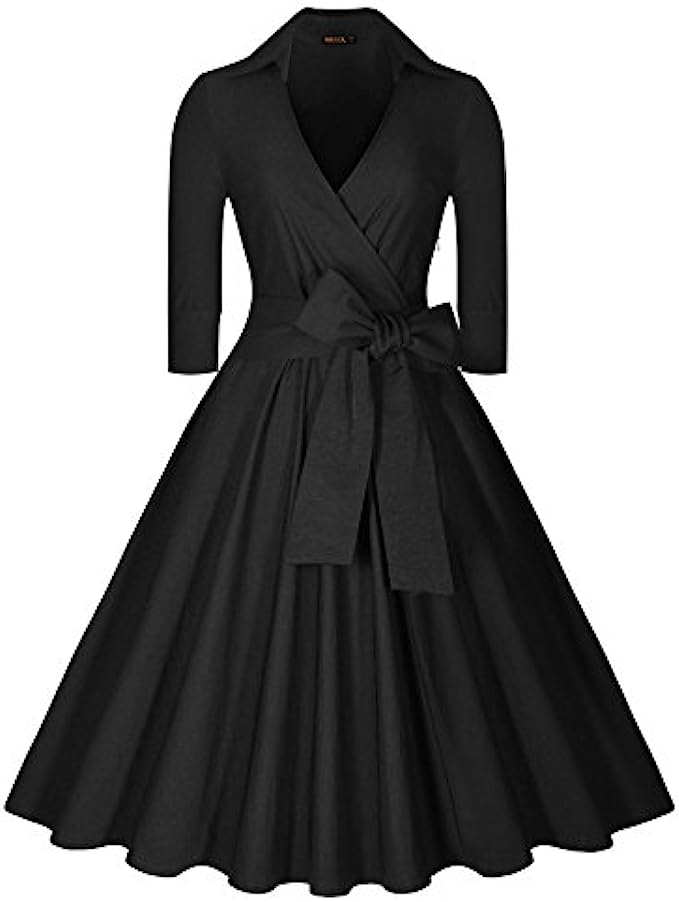 Miusol Women’s Deep-V Neck Classical Bow Belt Vintage Casual Swing Dress