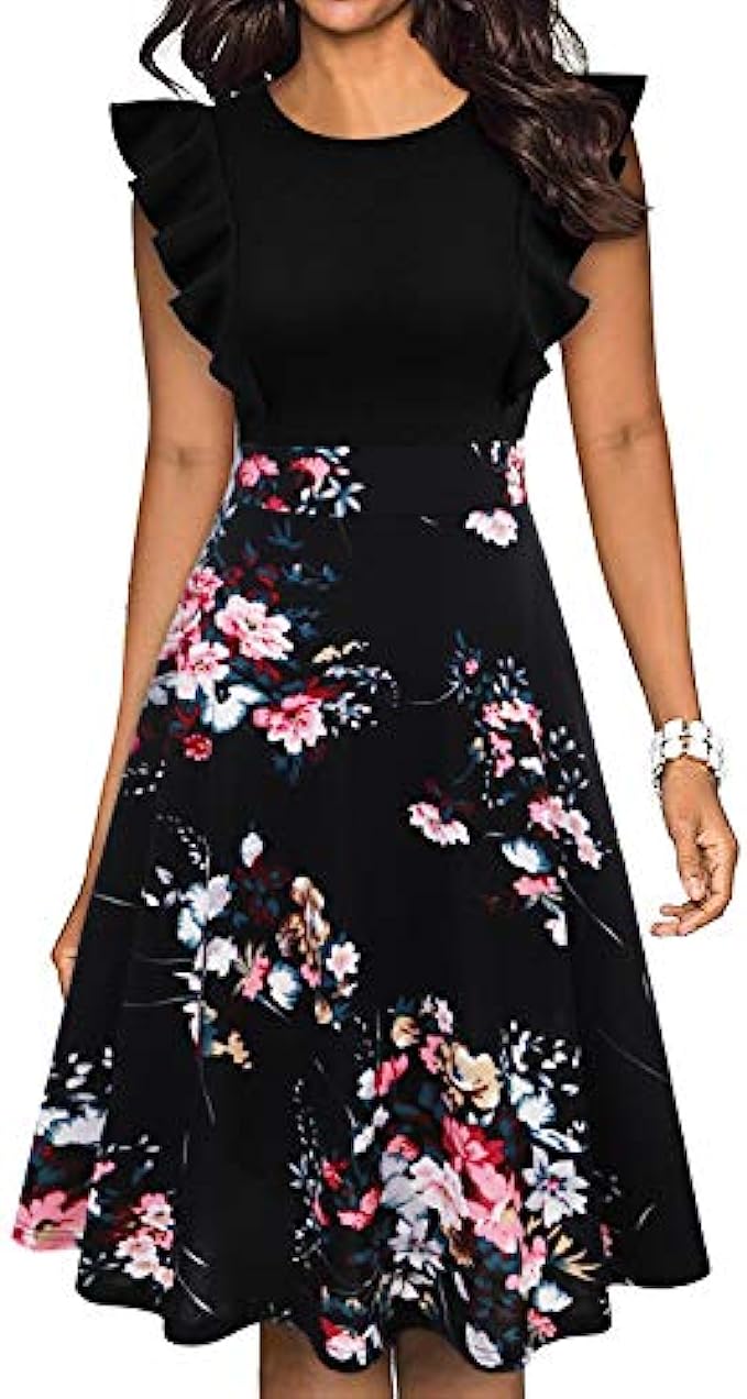 IHOT Women’s Vintage Ruffle Floral Flared A Line Swing Casual Cocktail Party Dresses with Pockets