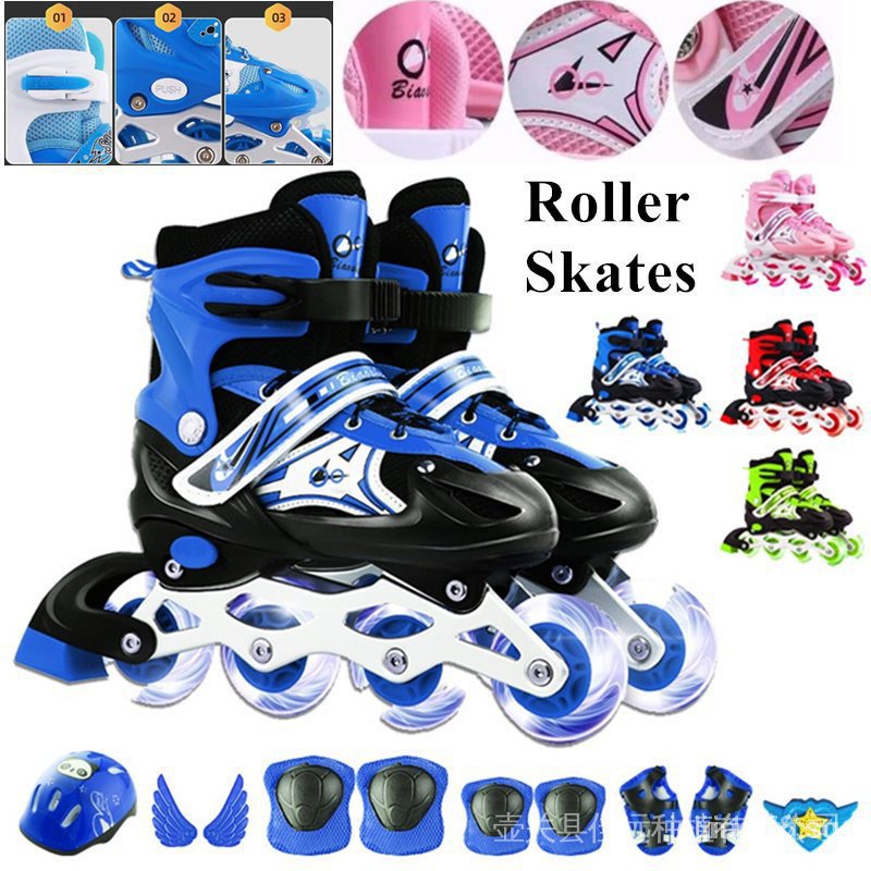 [In stock]Roller Skating Inline Skate Children’s Kids Aldult Scooter Skating Adjustable Sizes Blade Bundle FULL LED Flashing Wheels College Students Beginner Roller Shoes Skates Se