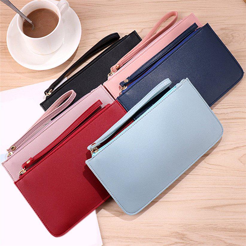 Women’s Coin Purse Korean Plain Small Card Holder Long Wallet Fashion Clutch Leather Zipper Phone Bag