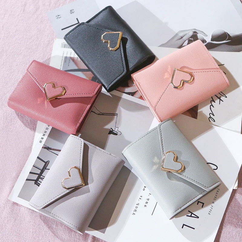 Korean Style Women’s Short Wallet PU Leather Wallet Fashion PU Small Wallet Portable Women’s Simple Wallet Cute Heart Folding Wallet With Metal Buckle Premium Tri-fold Clutch