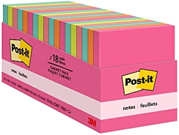 Post-it Notes, 3x3 in, 18 Pads, America’s #1 Favorite Sticky Notes, Cape Town Collection, Bright Colors (Magenta, Pink, Blue, Green), Clean Removal, Recyclable (654-18CTCP)