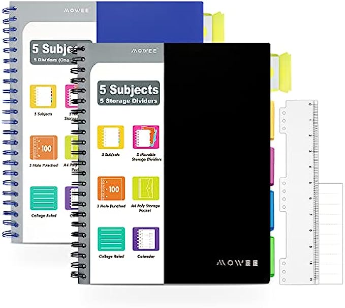 MOWEE 5 Subject Notebook, 2 Pack College Ruled Notebook with Storage Divider Pockets, Index Tabs, 11" Ruler, 200 Pages, for School, Business, Office Supplies, 8.1’’x11.7’’（211