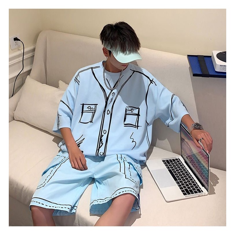 【X-MEN】150kg Graffiti sports suit men’s plus size cargo ice silk short-sleeved two-piece set
