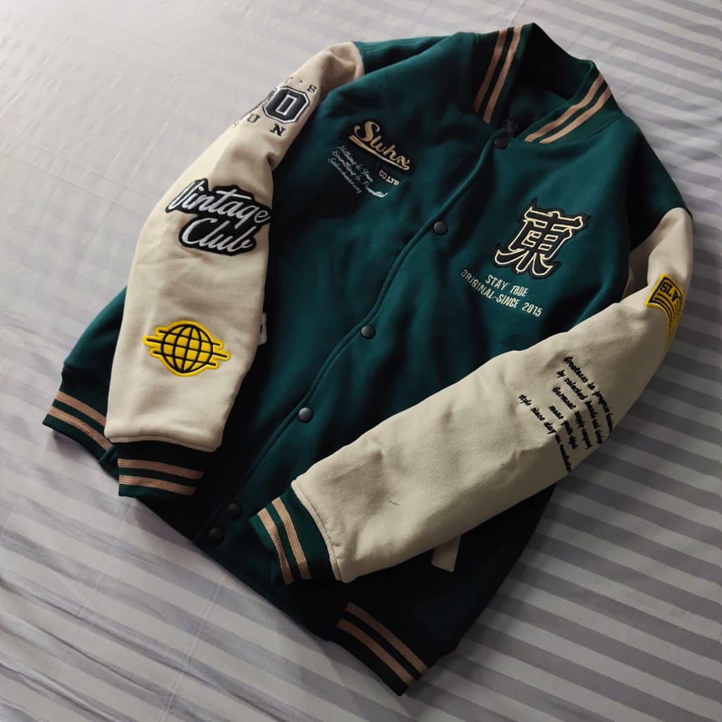 HIJAU Varsity Baseball Jacket Green Full Print Unisex Men Women - Varsity Premium Bomber Jacket - Varsity Jacket Men Japan - Baseball Jacket Men New Arival