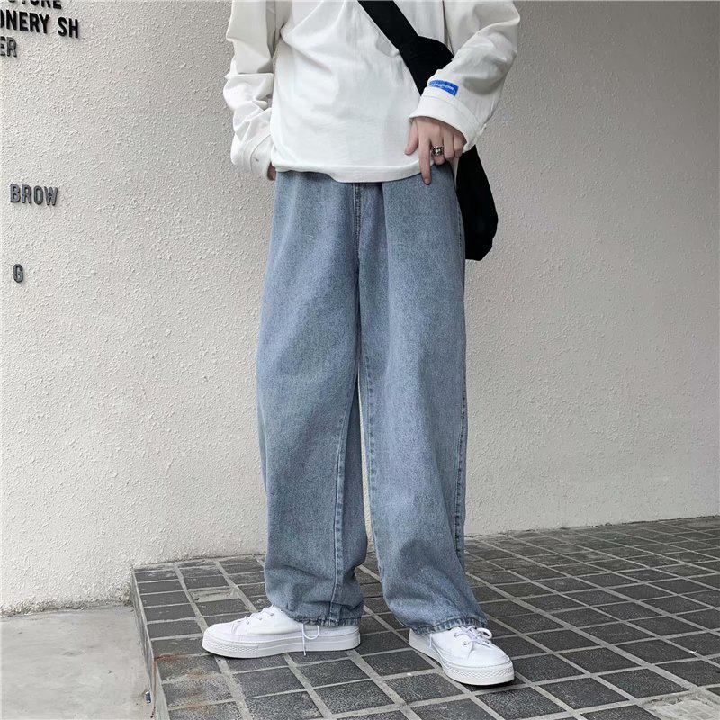 【S-3XL】Men’s Korean-Style Loose Denim Pants Popular Brand Straight-Leg Pants Light Color Casual All-match Large Fashion Trendy Wide Leg Straight-Leg Pants