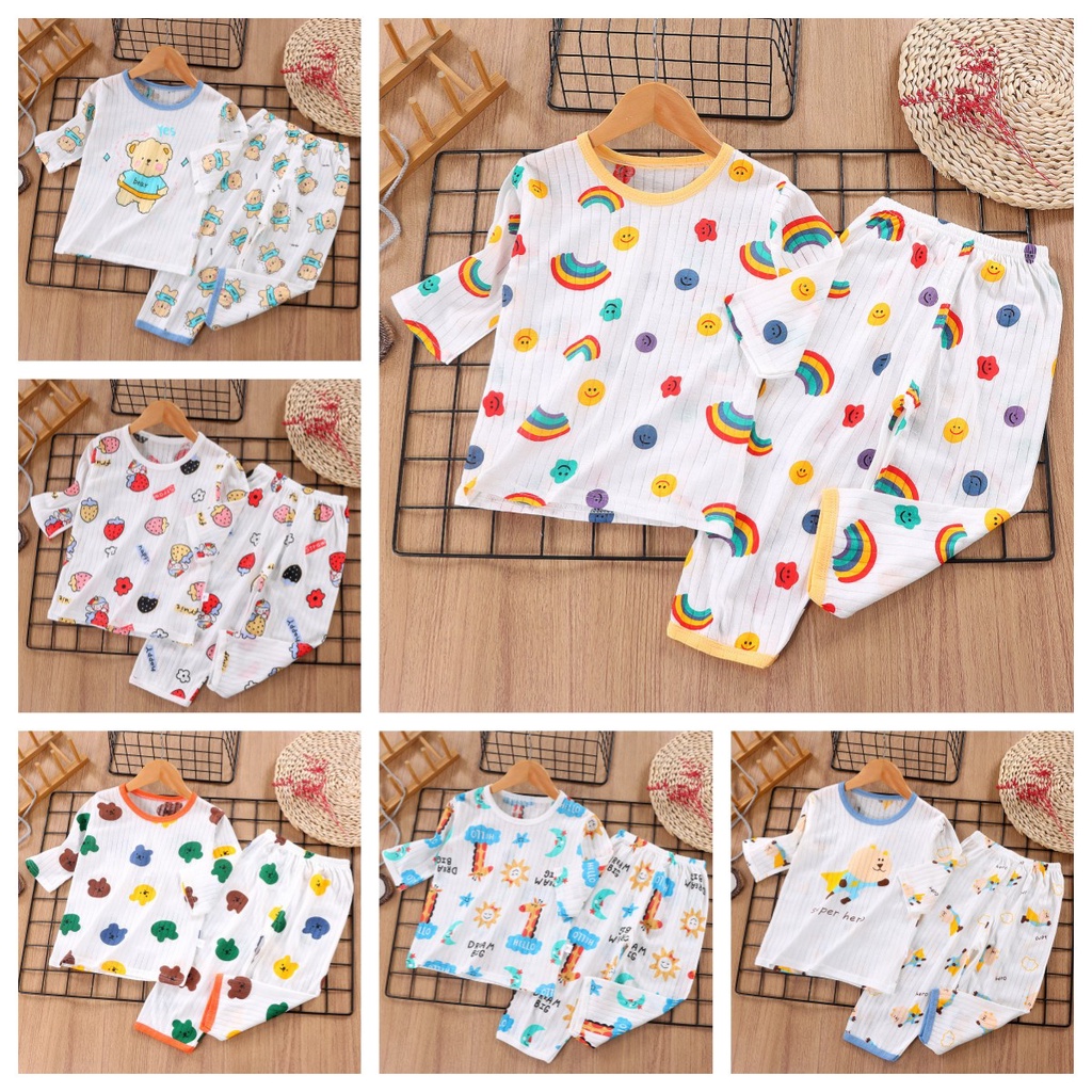 Kids Mesh Sleepwear 1-7 Years Long Sleeves Baby Breathable Clothes Pajamas Boys Clothing Set Girls Nightwear Short Sleeve 2Pcs Set